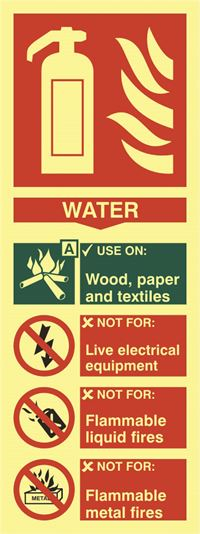 Water Fire Extinguisher Sign -  75x200mm - Photoluminescent SK1590